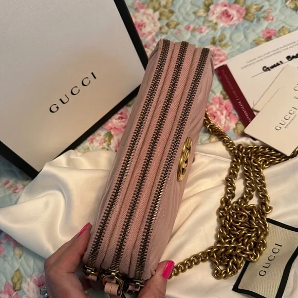 💎Gucci💎 Marmont *Triple Zip* Nude Blush Pink Camera  Crossbody - Picture 2 of 12
